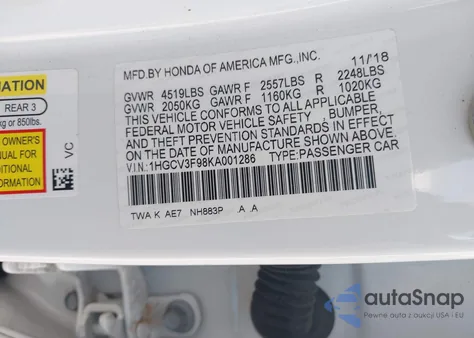 2019 Honda Accord Hybrid Touring z USA, uszkodzony, nr VIN 1HGCV3F98KA001286